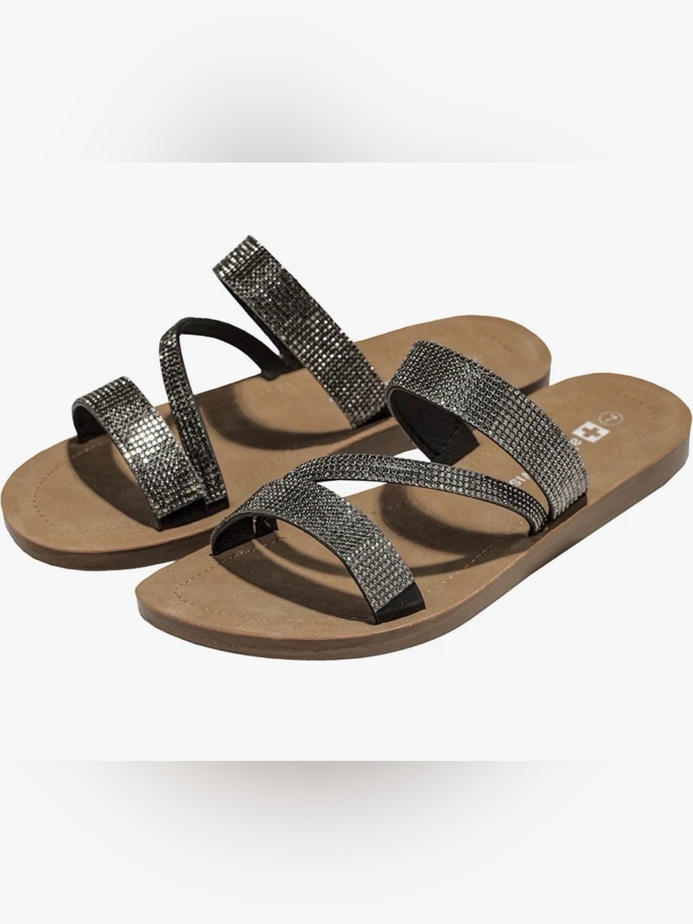 Alpine Swiss Embellished Black Strappy Slide Sandals for Women